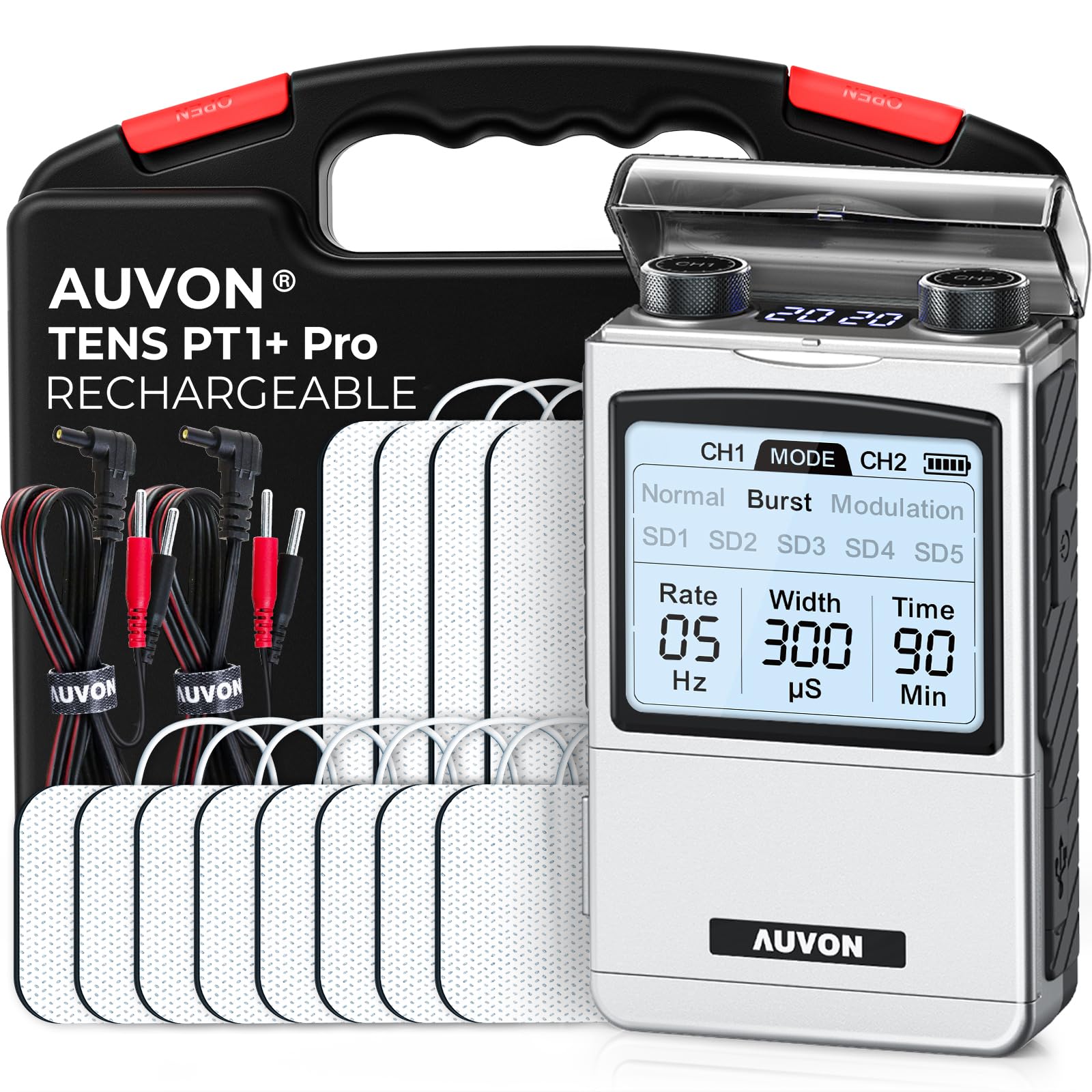 AUVON Rechargeable TENS Machine EMS Muscle Stimulator, Digital TENS Unit with 8 Customizable Modes, Electronic Massager for Sciatica, Shoulder & Back Pain Relief, 12 Pads, A Carry Case - Available at All In One Marketplace Canada