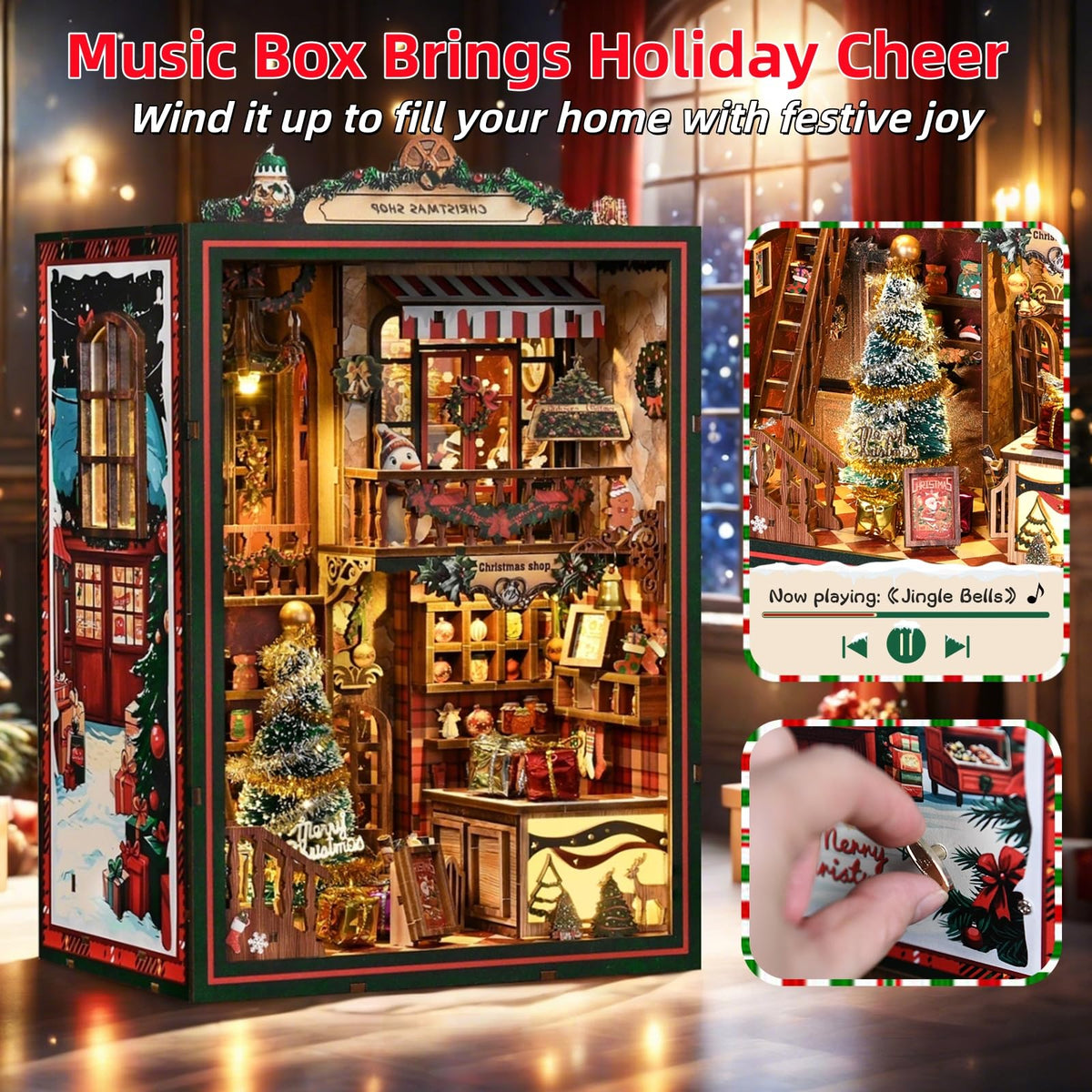 Christmas Book Nook Kit, DIY Miniature House Dollhouse Kit for Adults and Teens, Music Box, LED, 3D Wooden Puzzle Booknook Tiny House Bookshelf Christmas Decor, Gift for Family, Friends 🍁 All In One Marketplace Canada