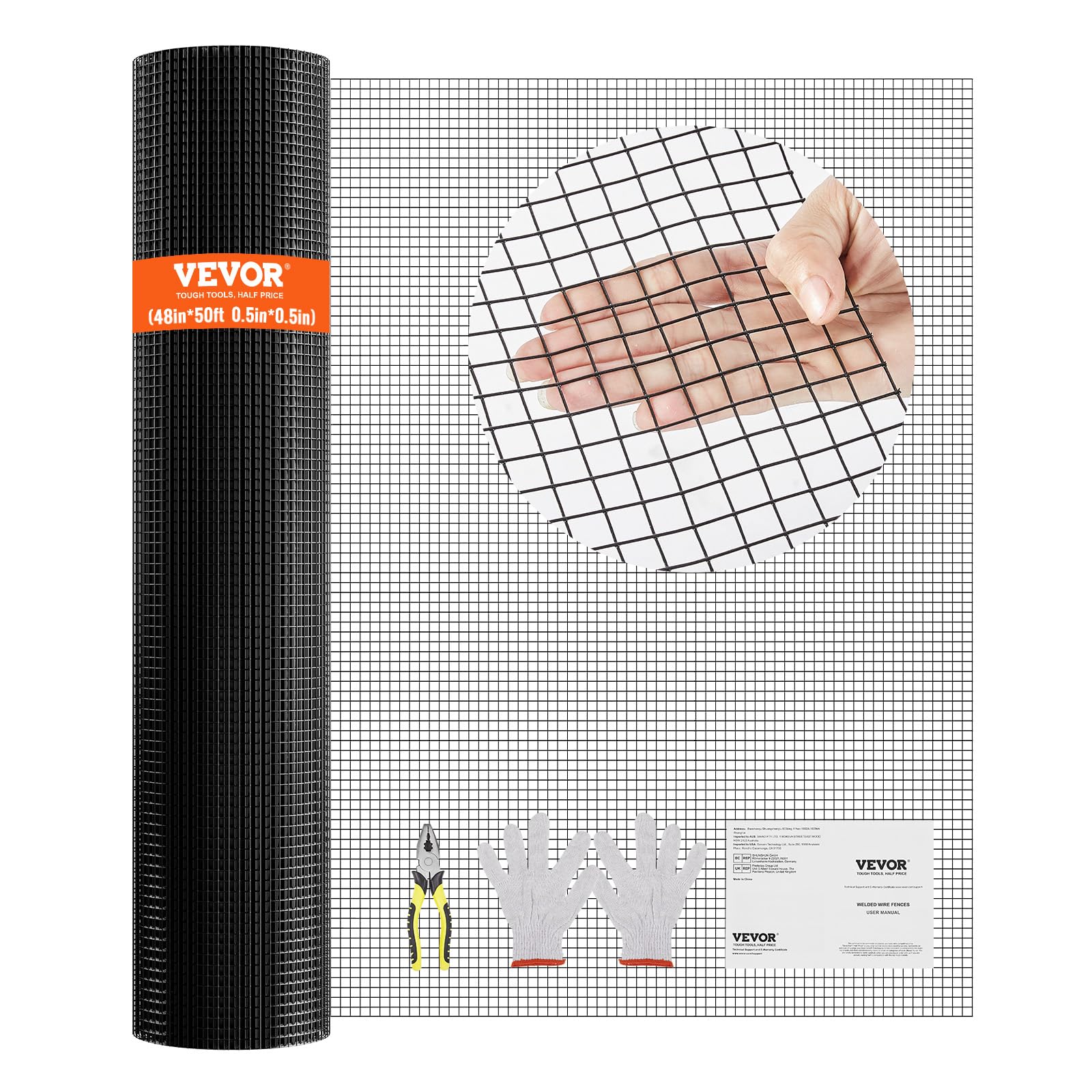 VEVOR Hardware Cloth, 48'' x 50' Galvanized Wire Mesh Roll, 19 Gauge Chicken Wire Fence Roll, Vinyl Coating Metal Wire Mesh for Chicken Coop Barrier, Rabbit Snake Fences, Poultry Enclosures VEVOR