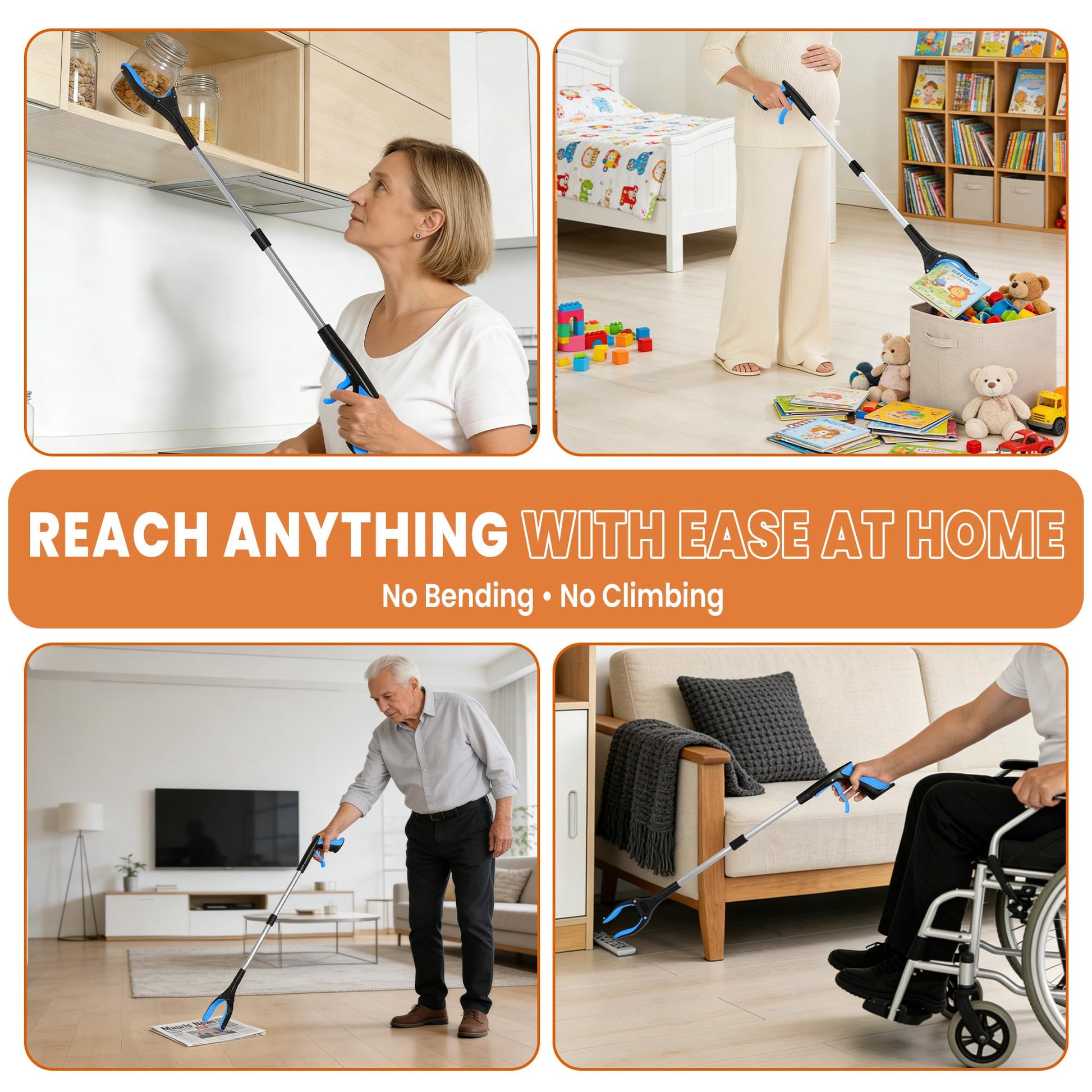 bemece 2-pack Grabber Reacher Tool, 32.68’’ (83cm) Garbage Picker Grabber, Foldable Magnetic Reacher Grabber for Seniors Adults - Blue & Orange - Available at All In One Marketplace Canada