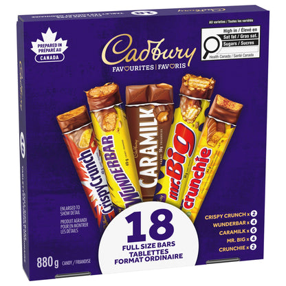 Cadbury 18-Bar Chocolate Variety Pack with Caramilk, Mr. Big, Wunderbar, Crunchie & Crispy Crunch - 880g