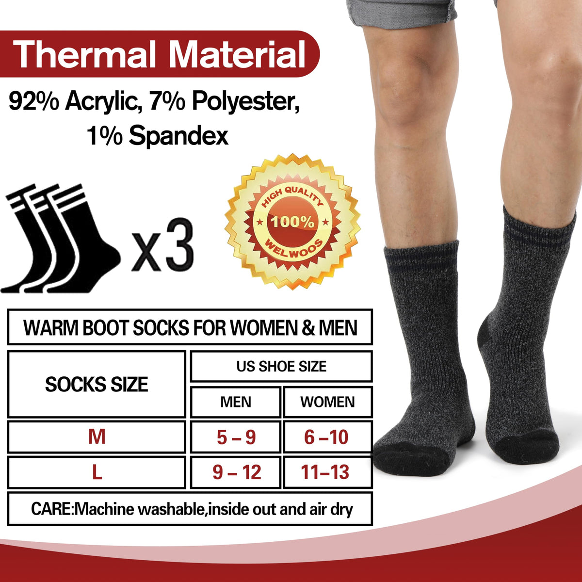 Welwoos Heated Thermal Socks for Men & Women Winter Warm Thick Ski Crew Insulated Boot Socks 3 Pairs Gift Stocking Stuffers for Mens (Grey Black Blue,L) 🍁 All In One Marketplace Canada