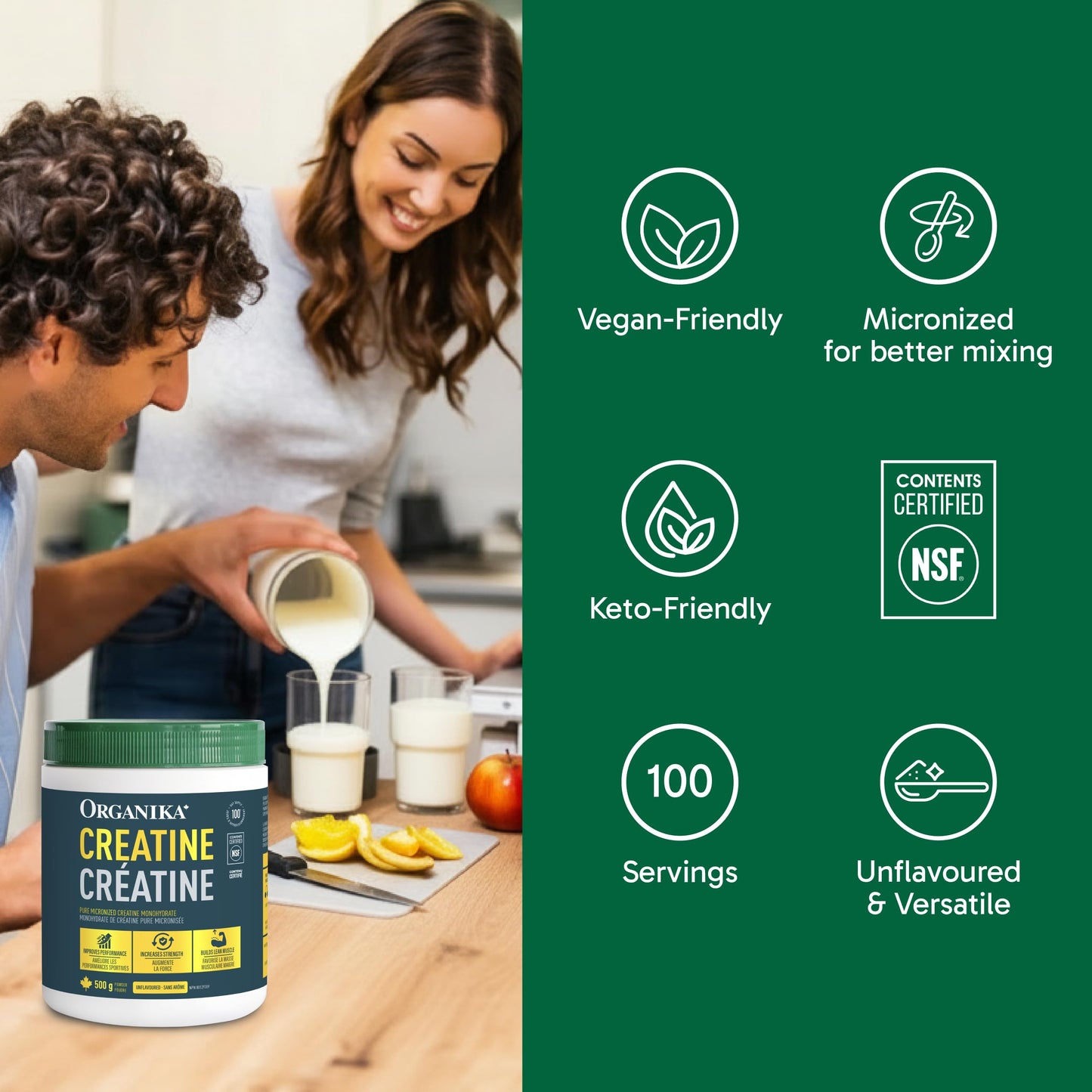 Organika Canadian-Made Creatine Powder- Pure Micronized Creatine Monohydrate - Helps Build Lean Muscle, Increase Strength, and Improved Recovery and Performance for Men and Women - 500g, 100 servings