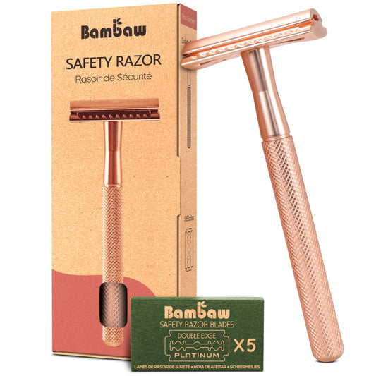 Bambaw Rose Gold Safety Razor Women with 5 Replacement Shaving Blades Made of Swedish Stainless Steel, Metal 1 Blade Razor Women Easy & Safe to Use, Suitable for All Skin Types (Rose Gold) - Available at All In One Marketplace Canada
