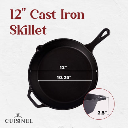 Cast Iron Skillet - 12"-Inch Frying Pan with Assist Handle and Pour Spots + Silicone Grip Cover - Pre-Seasoned Oven Safe Cookware - Indoor/Outdoor Use - Grill, Stovetop, Induction and Firepit Safe Cuisinel