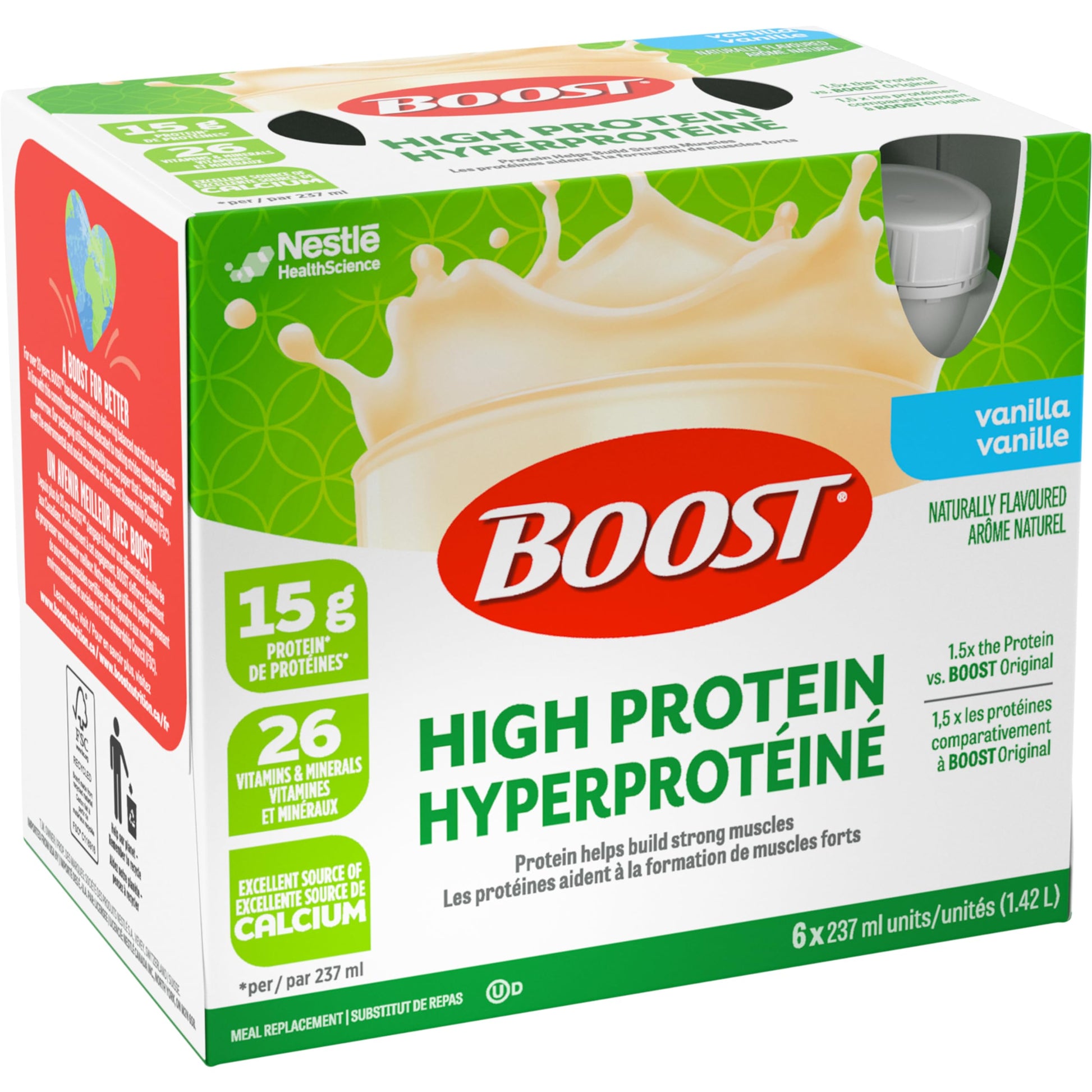 BOOST High Protein Vanilla Meal Replacement Drink, 15g Protein, 237ml Bottles, 6-Pack (4-Pack Case)