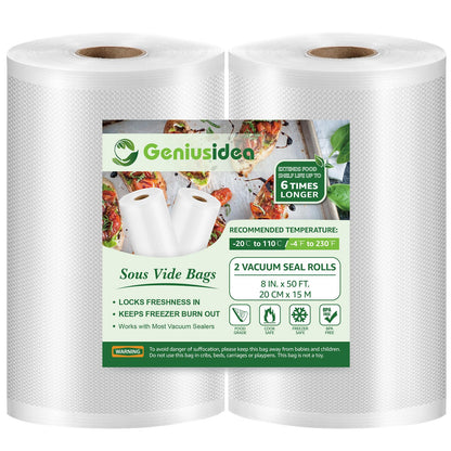 8''x50' Vacuum Sealer Bags for Food Saver (2 Pack), Commercial Grade Sealer Saver Rolls for Meal Prep or Sous Vide, BPA Free, Heavy-Duty