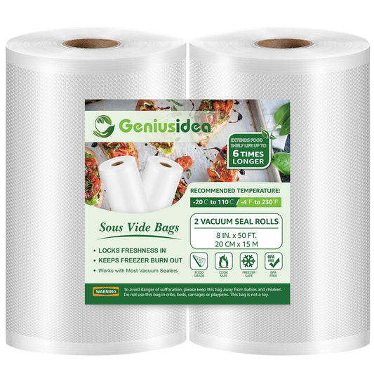 8''x50' Vacuum Sealer Bags for Food Saver (2 Pack), Commercial Grade Sealer Saver Rolls for Meal Prep or Sous Vide, BPA Free, Heavy-Duty