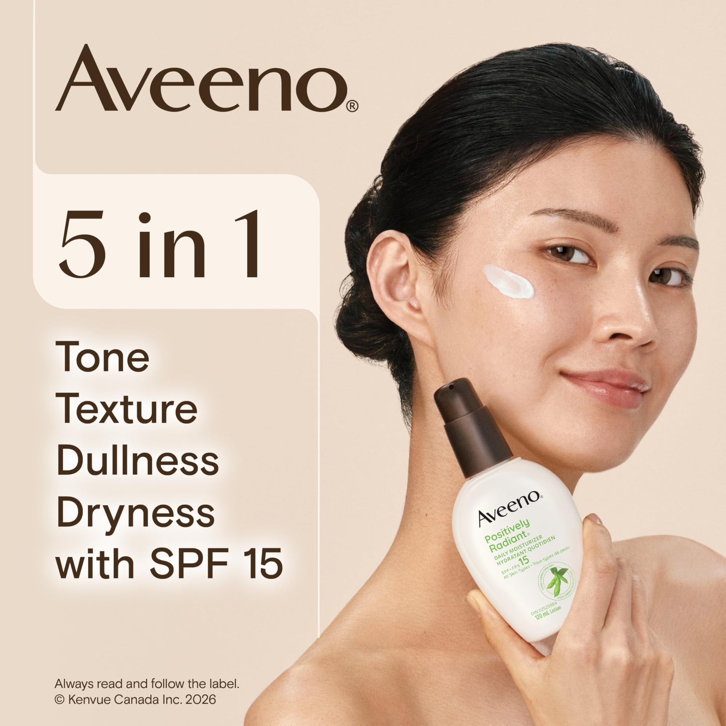 Aveeno Positively Radiant Daily Moisturizer SPF 15 - Face Lotion with Soy Formula for Dry Skin, Hypoallergenic & Oil-Free Lotion, Evens Tone & Texture, Non-Comedogenic Moisturizer for Face 120 mL