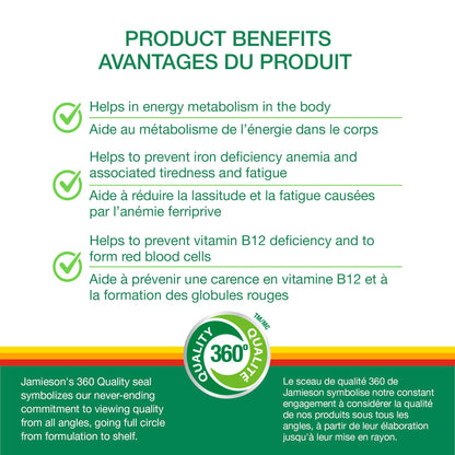 Jamieson Chewable Iron 18 mg Plus Vitamin B12 1,000 mcg Tropical Mango Lime Flavour, Helps Prevent Iron Deficiency, and Supports Natural Energy. Vegetarian, Gluten-Free, No Artificial Colours, Flavours, or Preservatives, 45 Chewable Tablets - Available at All In One Marketplace Canada