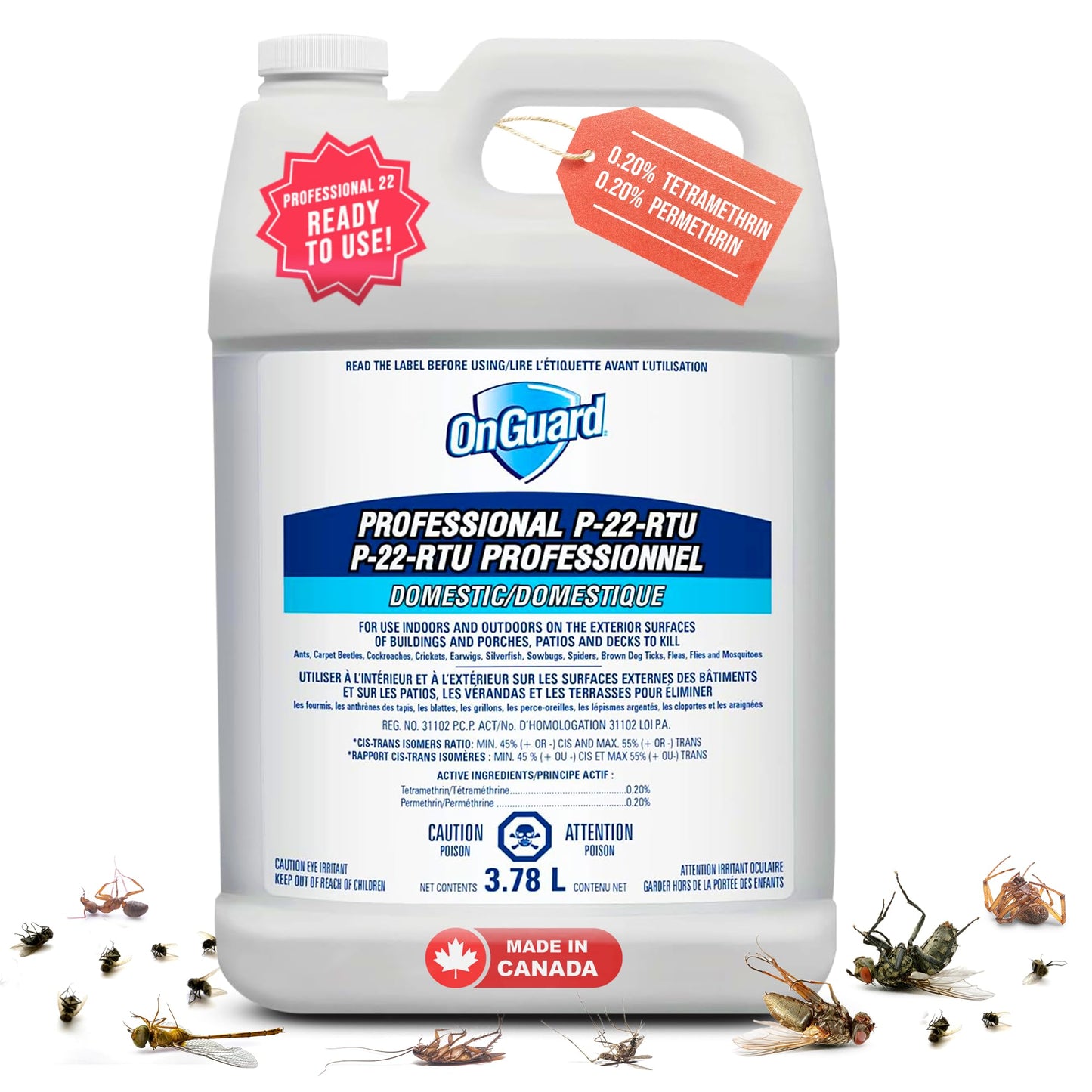 OnGuard Professional P-22-RTU Residual Spray Insect Killer, 3.78L Jug, for Ants, Carpet Beetles, Cockroaches, Crickets, Earwigs, Silverfish, Sowbugs, Spiders, Ticks, Fleas, Flies and Mosquitoes