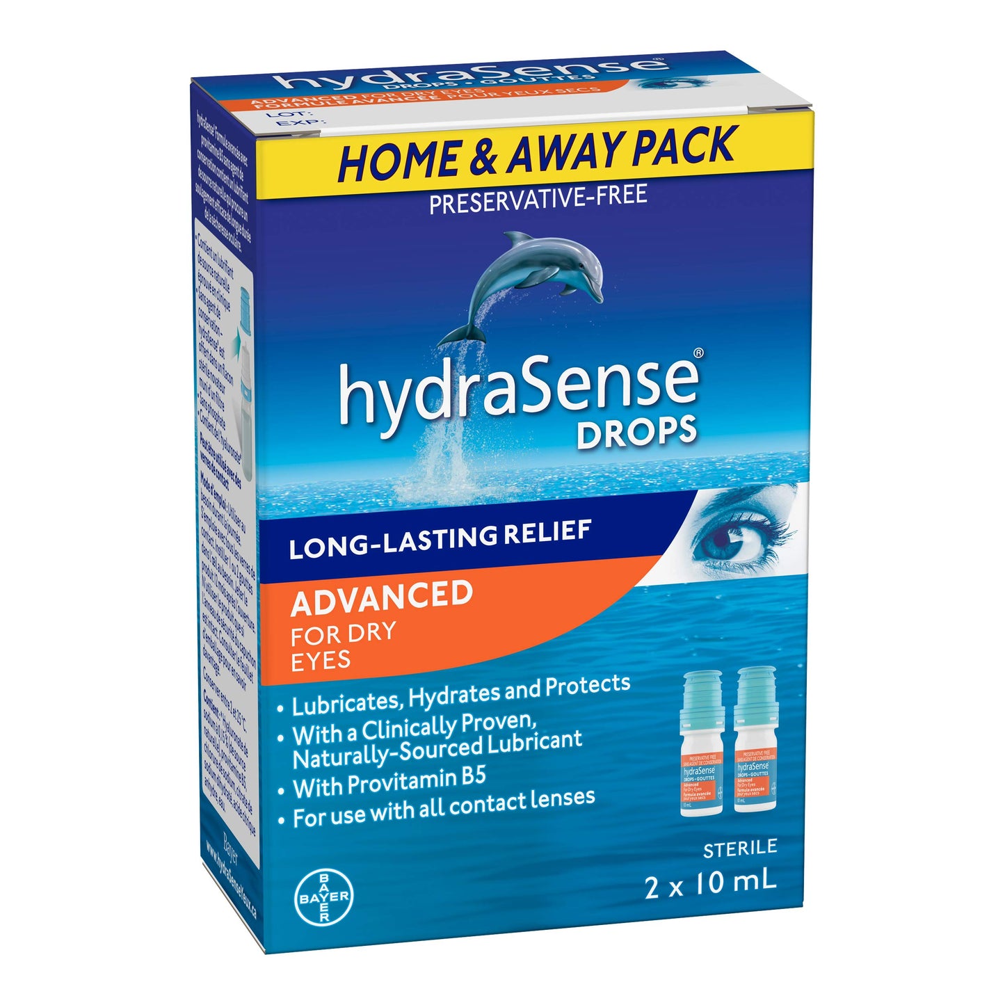 HydraSense Advanced Eye Drops, For Dry Eyes, Preservative Free, Naturally Sourced Lubricant, With Provitamin B5, Home and Away Twin Pack (2 x 10 mL), 20 mL - Available at All In One Marketplace Canada