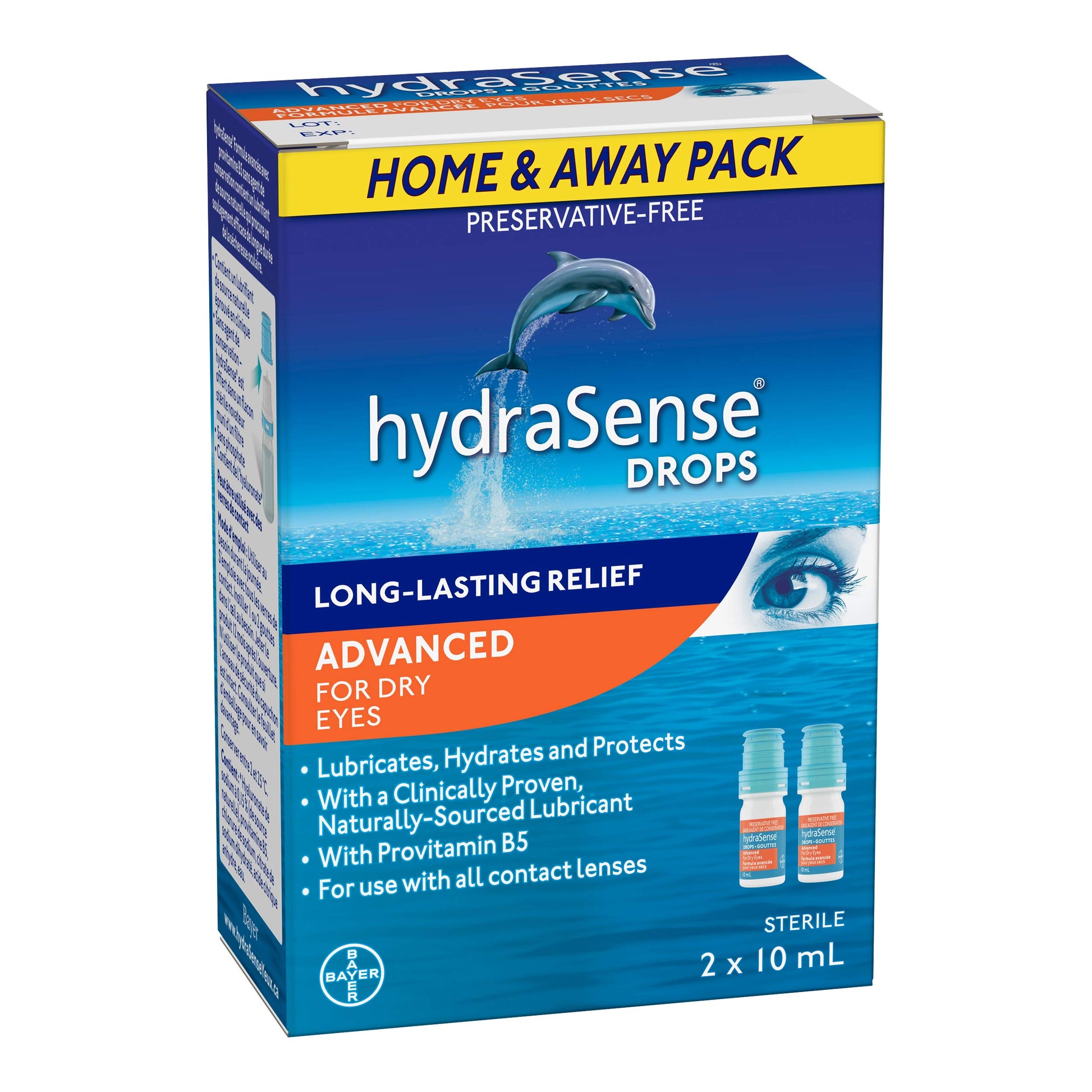 HydraSense Advanced Eye Drops, For Dry Eyes, Preservative Free, Naturally Sourced Lubricant, With Provitamin B5, Home and Away Twin Pack (2 x 10 mL), 20 mL - Available at All In One Marketplace Canada