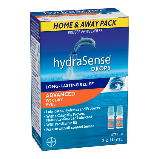 HydraSense Advanced Eye Drops, For Dry Eyes, Preservative Free, Naturally Sourced Lubricant, With Provitamin B5, Home and Away Twin Pack (2 x 10 mL), 20 mL - Available at All In One Marketplace Canada