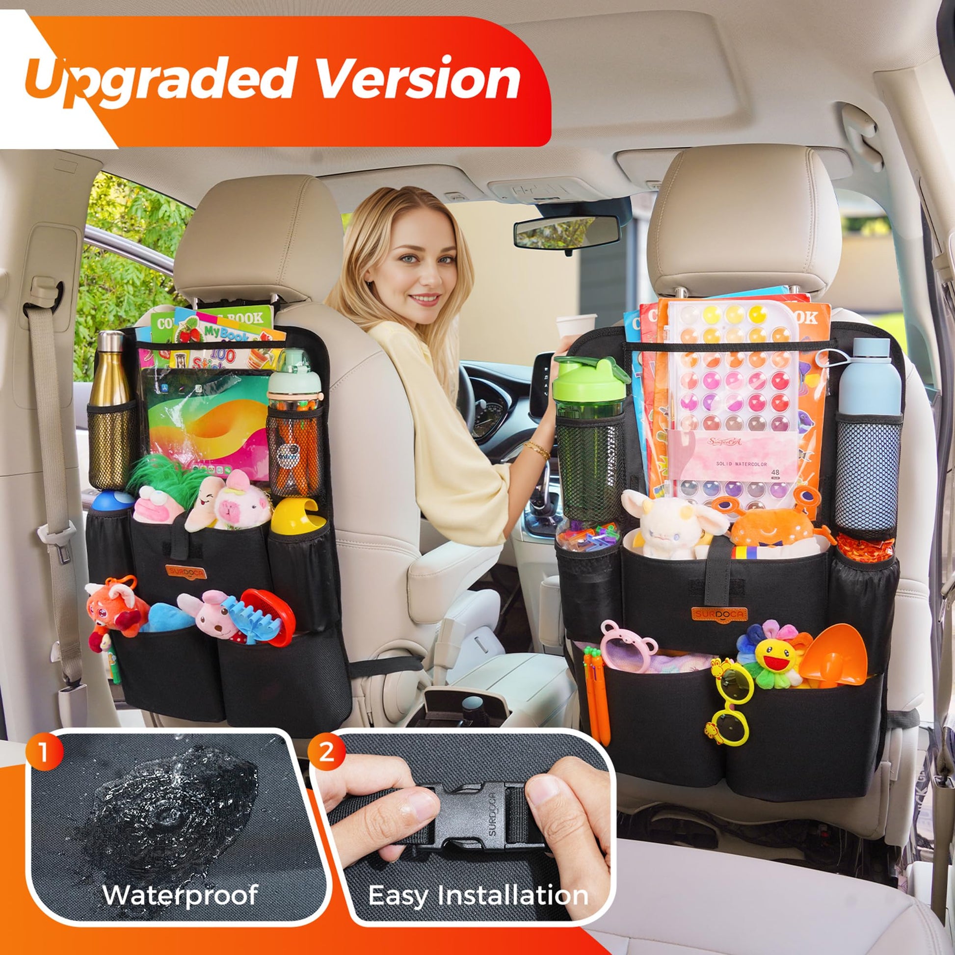 SURDOCA Car Seat Organizer with 11Inch Tablet Holder,8 Pockets,4th Gen Road Trip Essentials for Kids,Backseat Organizer Protectors Storage Accessories