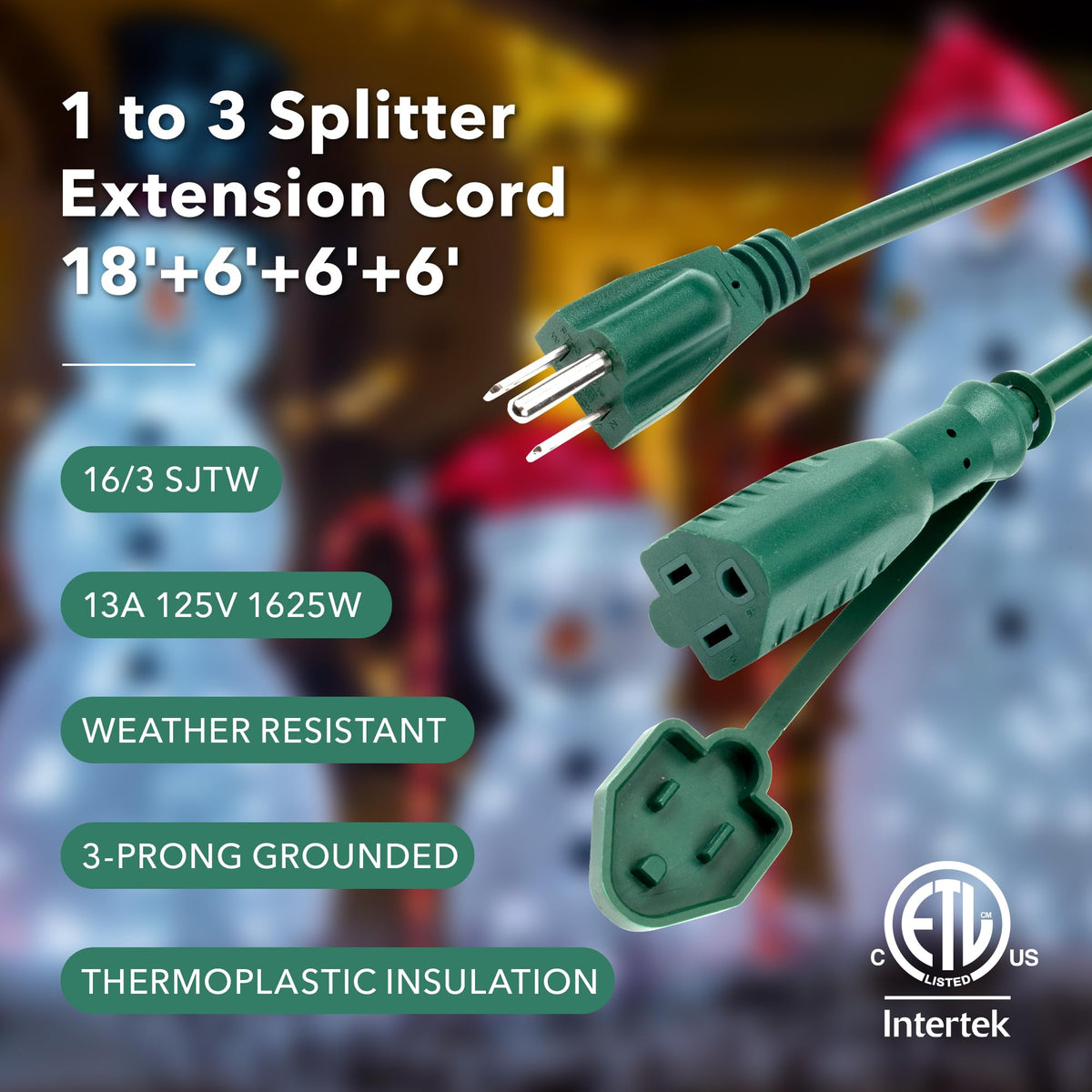 BN-LINK 36ft Outdoor Extension Cord 1 to 3 Splitter, Max 24 ft End to End, Multi-Outlet Power Cord, 16/3 SJTW Weather Resistant for Lighting, Landscaping & Holiday Decorations, Grounded, ETL 🍁 All In One Marketplace Canada