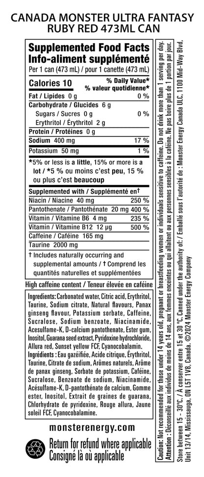 Monster Energy, Ultra Fantasy Ruby Red, 473mL (12 Pack) – Zero Sugar Energy Drink