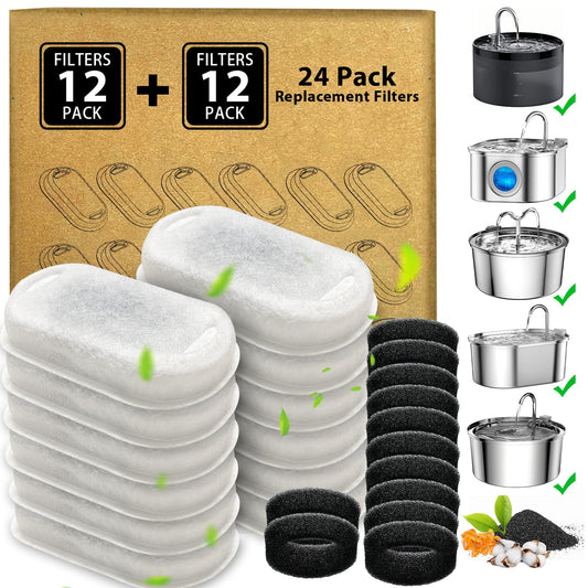 Cat Water Fountain Filters - 24 Pack Cat Fountain Filters for 3.2L/108oz & 2L/67oz Pet Water Fountain, Three-Layer Filtration Replacement Filters(12+12 Pack), Package Amount for 6 Months