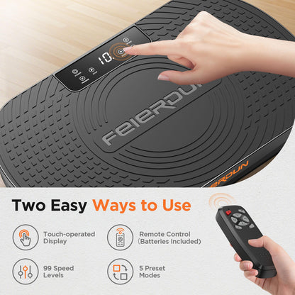 FEIERDUN Vibration Plate Exercise Machine, Full Body Vibrating Plate with Wider Platform, 150kg (330lbs) Capacity, Plaque Vibrante with LED Screen, Remote & Resistance Bands,Black