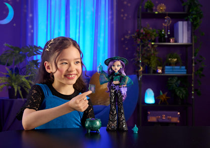 Monster High Doll, Moonspell Magic by Monster High Willow Thorne The Nature Witch with Hearing Aid, Cauldron Surprise & Accessories like Herb Jar