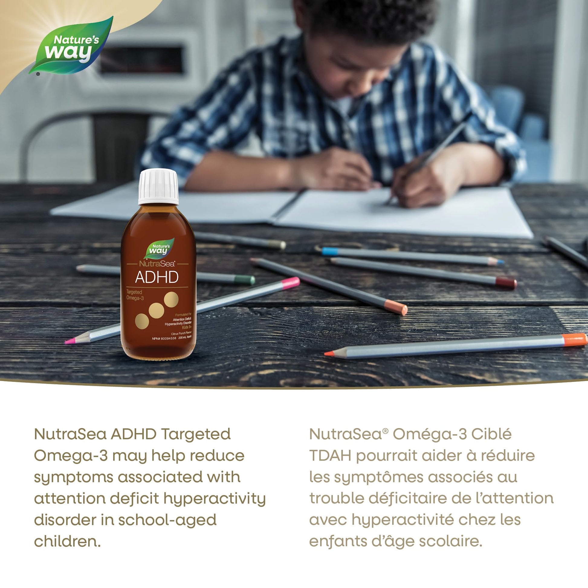 Nature's Way NutraSea ADHD Targeted Omega-3, For kids age 5+, 940 mg of EPA + DHA, 80 mg of GLA, 500 IU Vitamin D3, 200 ml Liquid - Available at All In One Marketplace Canada