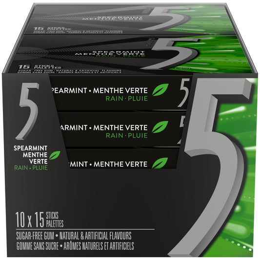 5 GUM, Spearmint-Rain Flavoured Sugar Free Chewing Gum, 15 Sticks, 10 Packs - Available at All In One Marketplace Canada