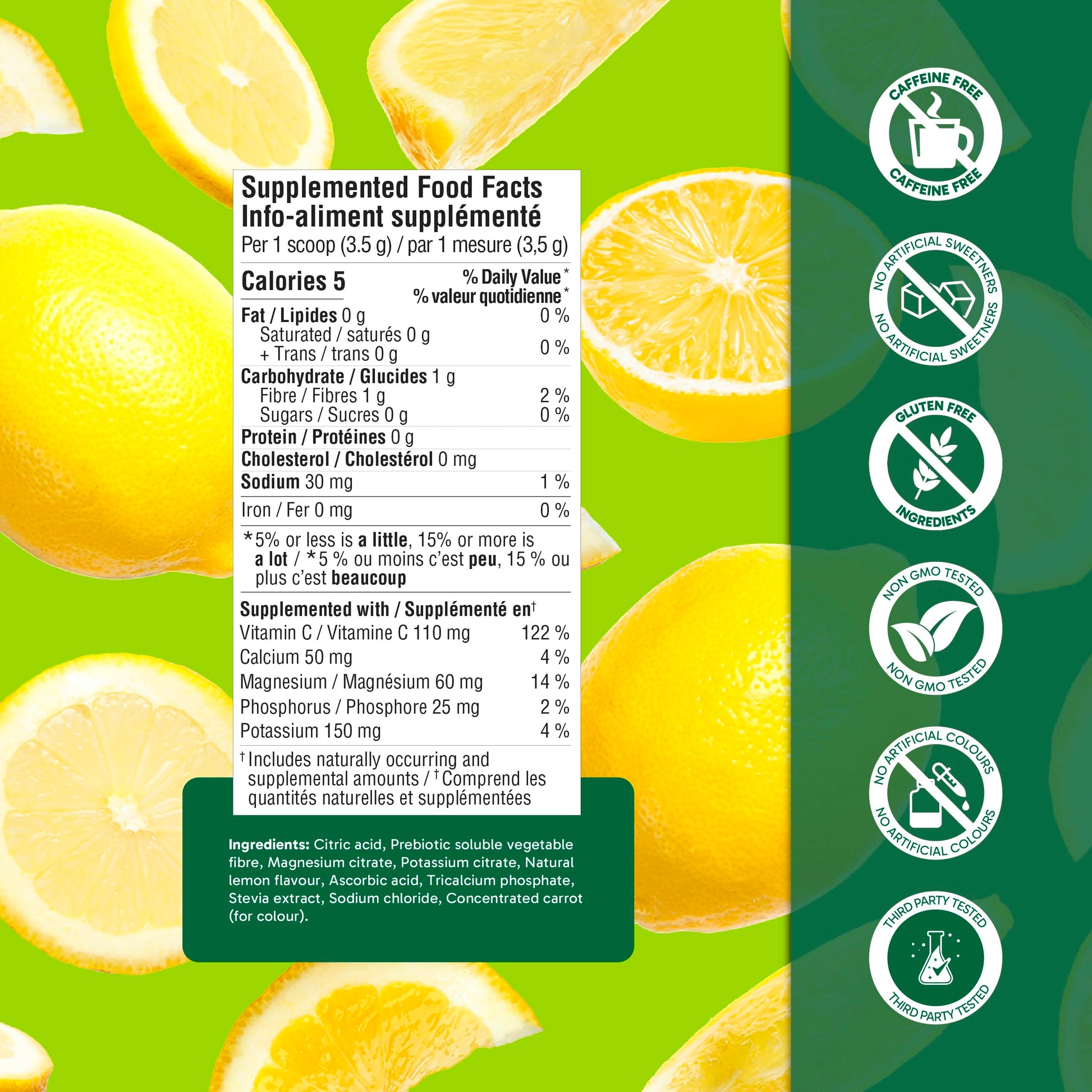 Organika Canadian-Made Electrolytes Powder with Vitamin C & Prebiotic Fibre - Sugar-Free Hydration Drink Mix - Classic Lemonade - 210 g - 60 servings