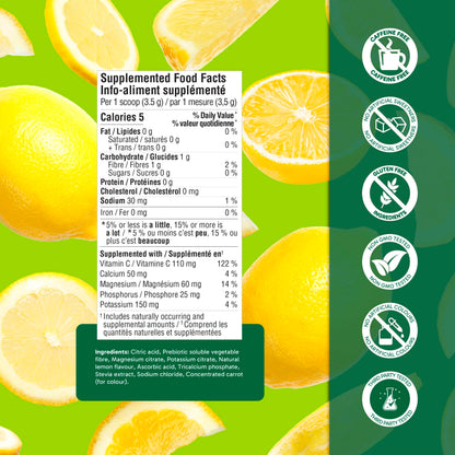 Organika Canadian-Made Electrolytes Powder with Vitamin C & Prebiotic Fibre - Sugar-Free Hydration Drink Mix - Classic Lemonade - 210 g - 60 servings