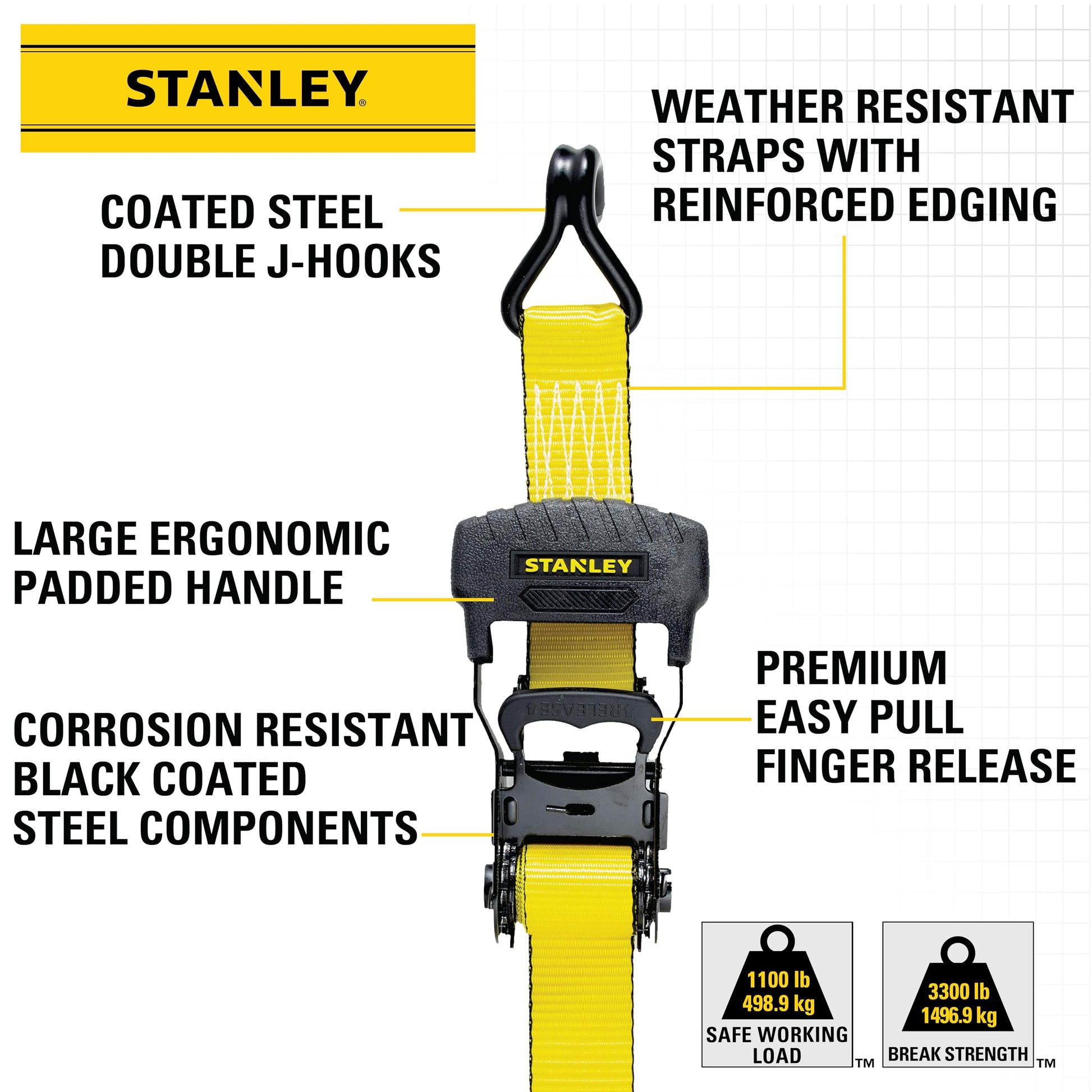 Stanley S1007 Black/Yellow 1.5" x 16' Ratchet Tie Down Straps - Heavy Cargo Securing (3,300 lbs Break Strength), 2 Pack Stanley