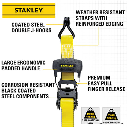 Stanley S1007 Black/Yellow 1.5" x 16' Ratchet Tie Down Straps - Heavy Cargo Securing (3,300 lbs Break Strength), 2 Pack Stanley