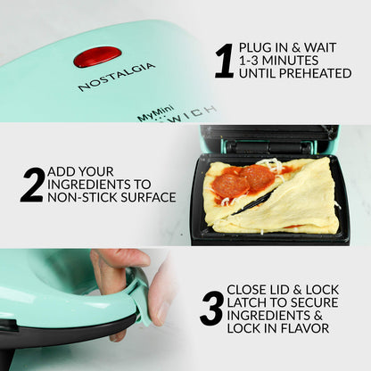 Nostalgia MyMini Personal Sandwich Maker, Nonstick Panini Press, Pizza Pockets, Quesadillas, Mint Green