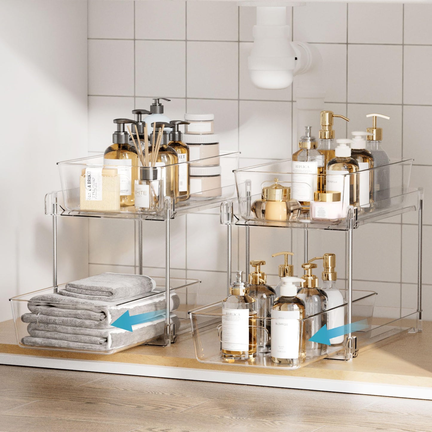2 Tier Bathroom Organizer, Vtopmart 2 Pack Clear Under Sink Organizers Vanity Counter Storage Container, Medicine Cabinet Drawers Bins, Pull-Out Organization with Track for Pantry, Kitchen