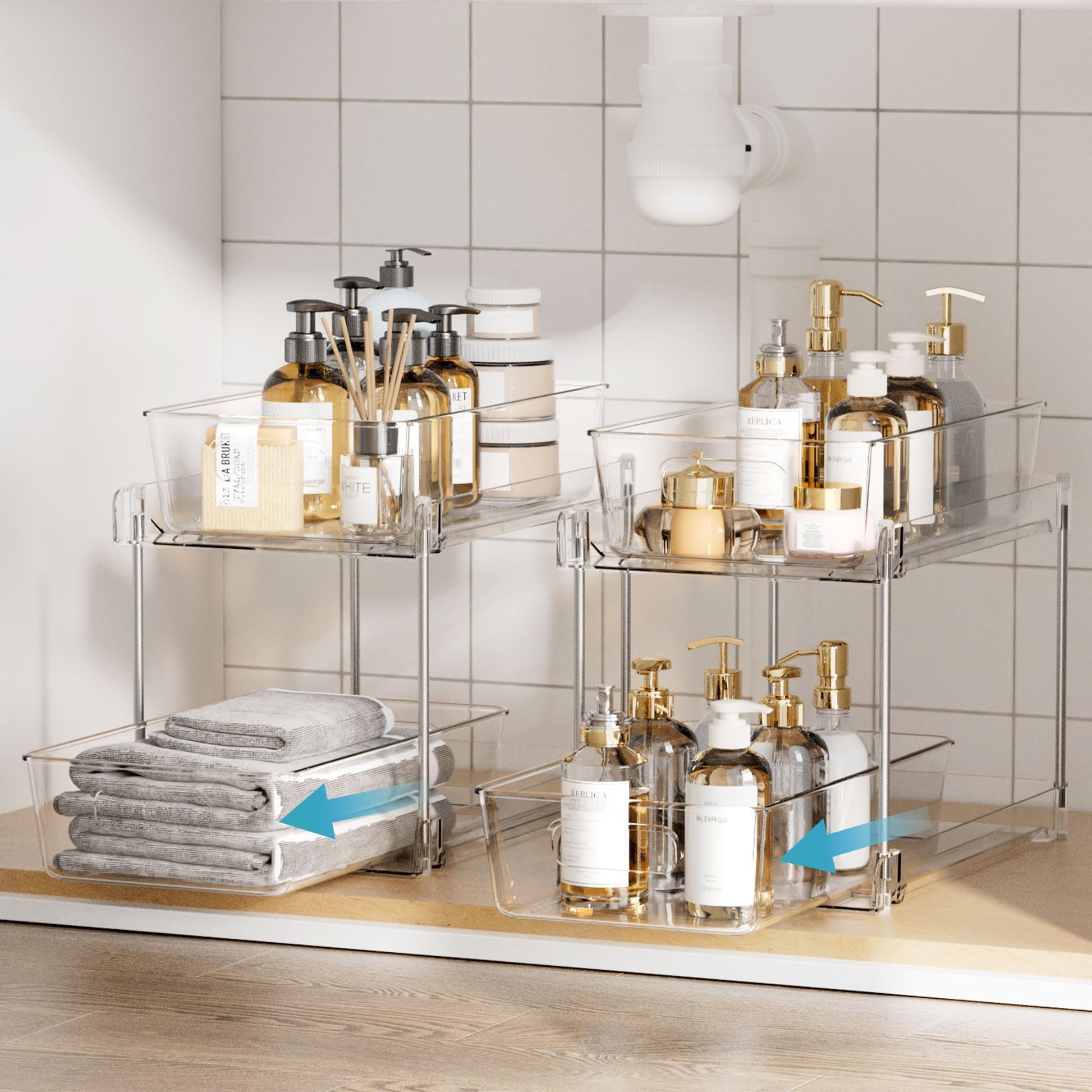 2 Tier Bathroom Organizer, Vtopmart 2 Pack Clear Under Sink Organizers Vanity Counter Storage Container, Medicine Cabinet Drawers Bins, Pull-Out Organization with Track for Pantry, Kitchen