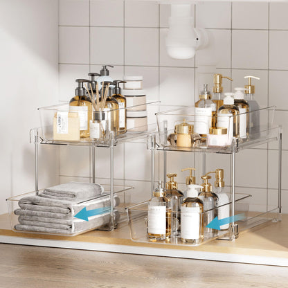 2 Tier Bathroom Organizer, Vtopmart 2 Pack Clear Under Sink Organizers Vanity Counter Storage Container, Medicine Cabinet Drawers Bins, Pull-Out Organization with Track for Pantry, Kitchen