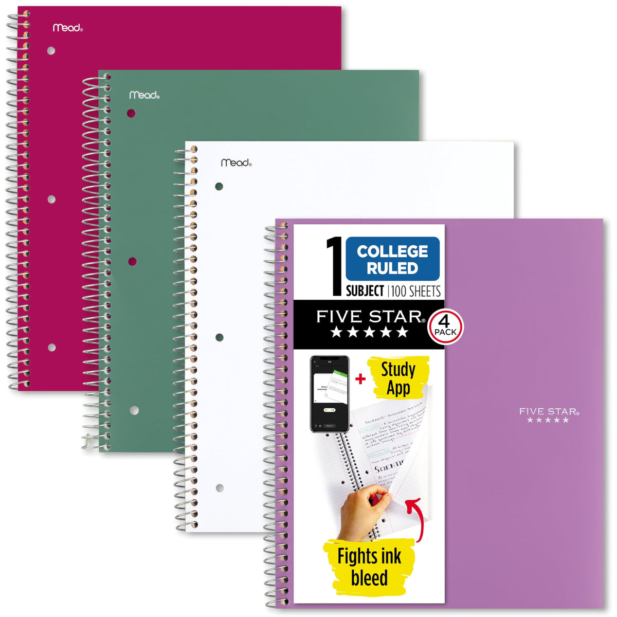 Five Star Spiral Notebook + Study App, 4 Pack, 1 Subject, College Ruled Paper, 8-1/2" x 11", 100 Sheets, Fights Ink Bleed, Water Resistant Cover, Amethyst Purple, Raspberry Pink, White and Seaglass