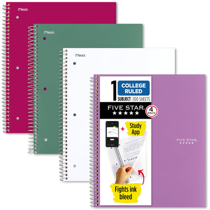 Five Star Spiral Notebook + Study App, 4 Pack, 1 Subject, College Ruled Paper, 8-1/2" x 11", 100 Sheets, Fights Ink Bleed, Water Resistant Cover, Amethyst Purple, Raspberry Pink, White and Seaglass
