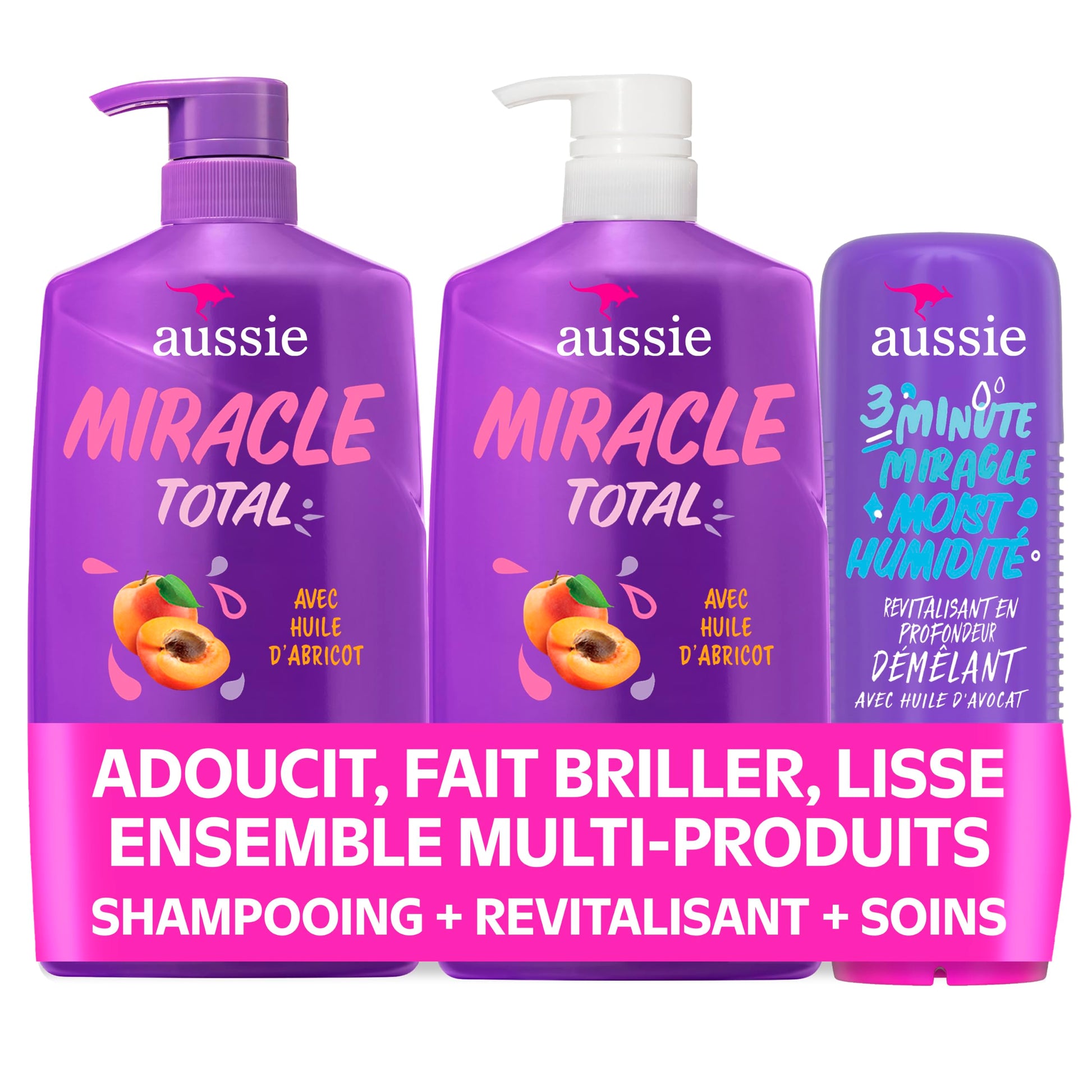 Aussie Total Miracle 3-Piece Set: Shampoo 778 mL, Conditioner 778 mL, 3 Minute Miracle Deep Conditioner Hair Treatment 236 mL, Infused with Apricot and Australian Macadamia Oil, 1.79 L Total - Available at All In One Marketplace Canada