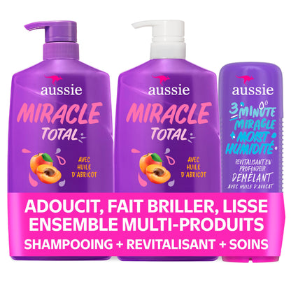 Aussie Total Miracle 3-Piece Set: Shampoo 778 mL, Conditioner 778 mL, 3 Minute Miracle Deep Conditioner Hair Treatment 236 mL, Infused with Apricot and Australian Macadamia Oil, 1.79 L Total - Available at All In One Marketplace Canada