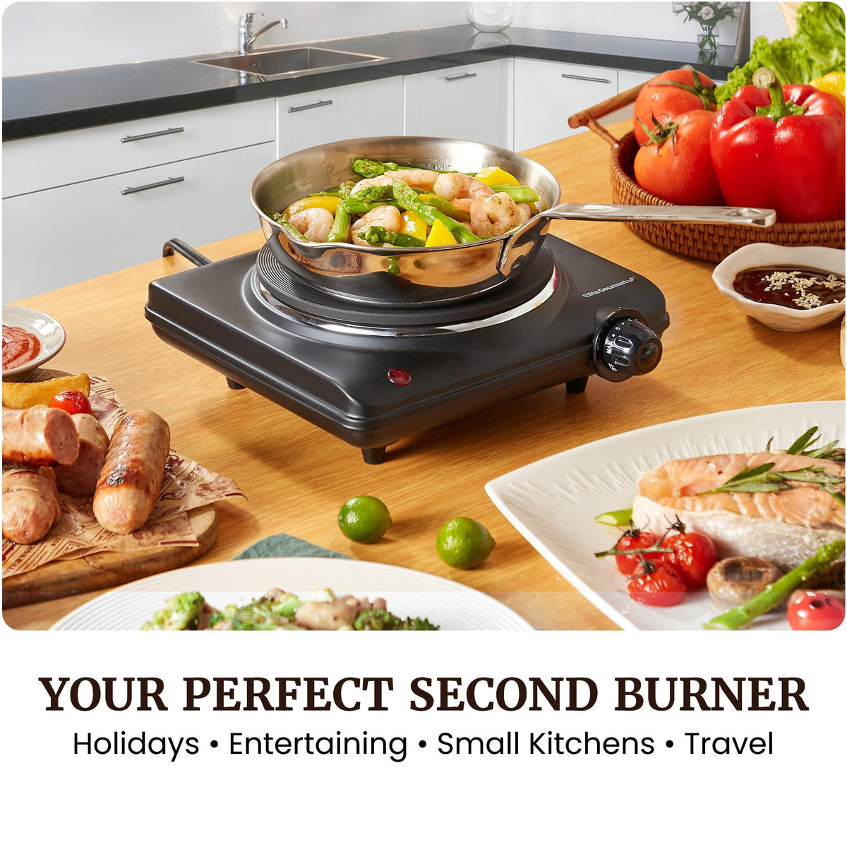 Elite Gourmet Countertop Electric Burner, 1000W Cast Iron Hot Plate, 7 Heat Settings, Portable Cooktop for RV, dorm, office & small kitchens, road-ready & compact