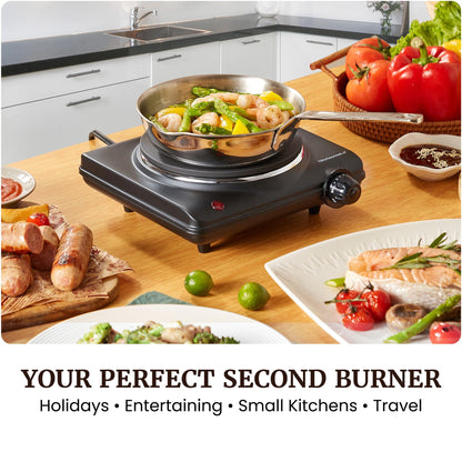 Elite Gourmet Countertop Electric Burner, 1000W Cast Iron Hot Plate, 7 Heat Settings, Portable Cooktop for RV, dorm, office & small kitchens, road-ready & compact