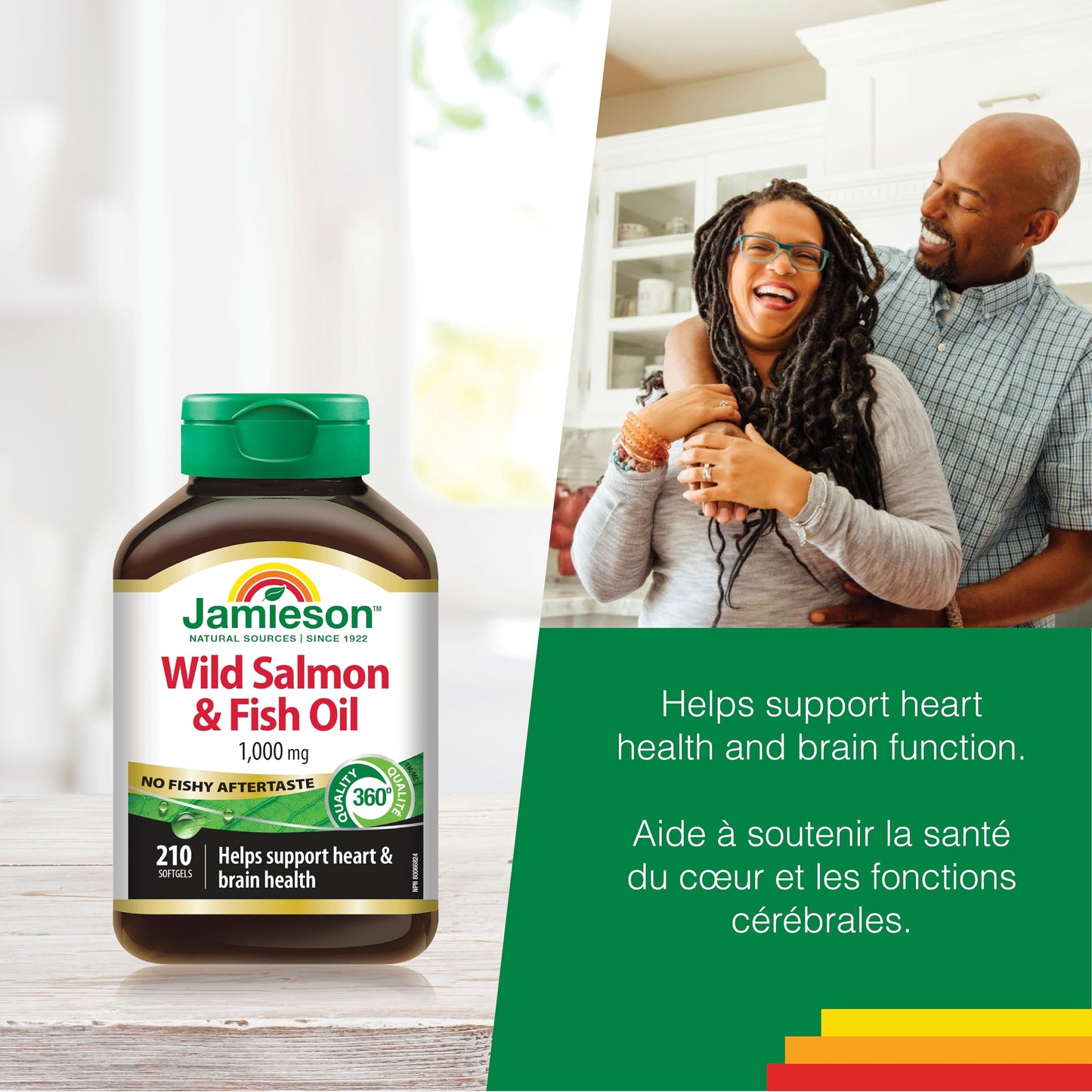 Jamieson Wild Salmon & Fish Oil 1,000 mg, No Fishy Aftertaste, Supports Heart Health and Brain Health. With Wild Alaskan Salmon, EPA, and DHA, Non-GMO, Gluten-Free, Proudly Canadian, 210 Softgels Jamieson