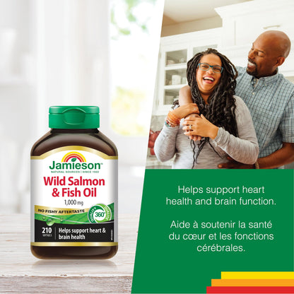 Jamieson Wild Salmon & Fish Oil 1,000 mg, No Fishy Aftertaste, Supports Heart Health and Brain Health. With Wild Alaskan Salmon, EPA, and DHA, Non-GMO, Gluten-Free, Proudly Canadian, 210 Softgels Jamieson