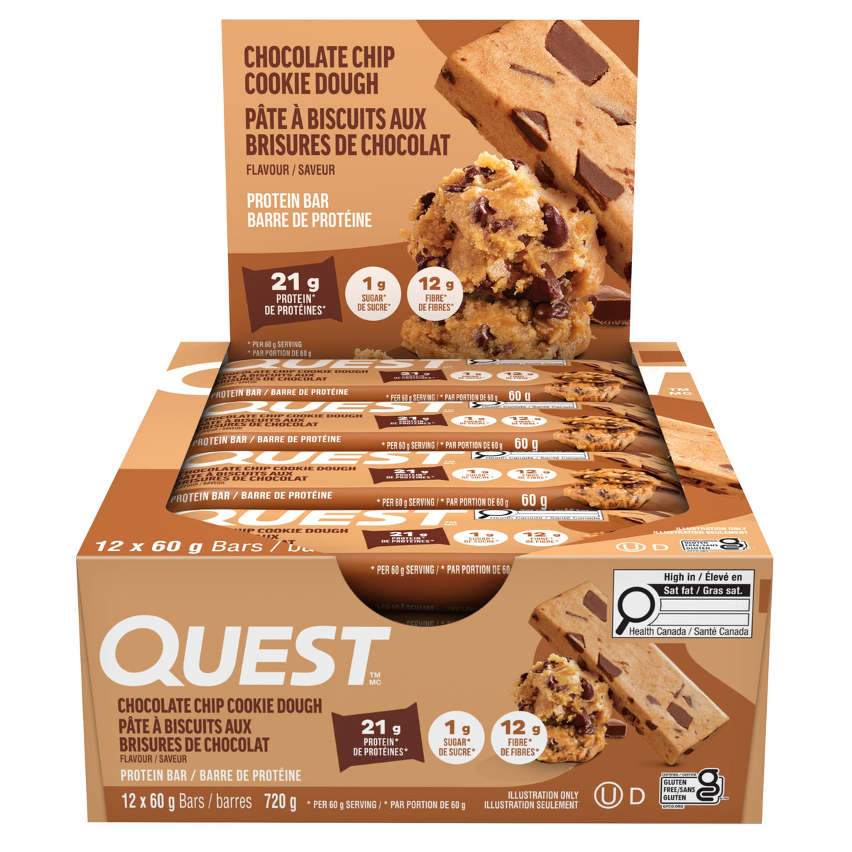 Quest Nutrition Chocolate Chip Cookie Dough Flavour Protein Bar, High Protein, High Fibre, Low Sugar, Keto Friendly, 21g Protein, 1g Sugar, 12ct