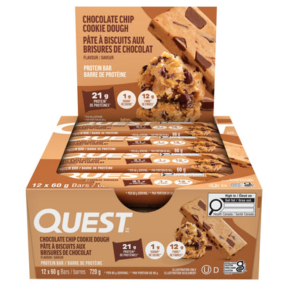 Quest Nutrition Chocolate Chip Cookie Dough Flavour Protein Bar, High Protein, High Fibre, Low Sugar, Keto Friendly, 21g Protein, 1g Sugar, 12ct