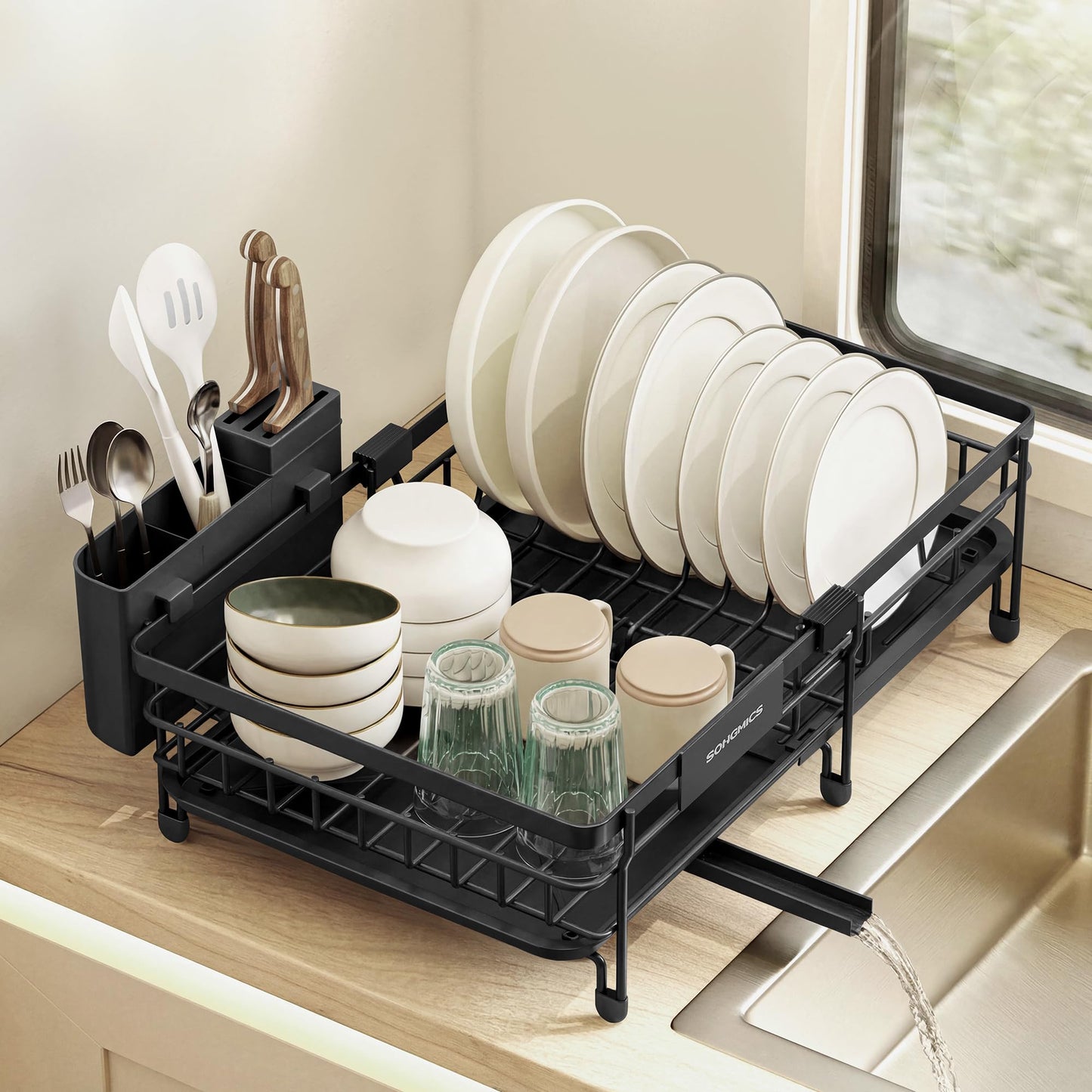 SONGMICS Dish Drainer Rack, Large Extendable Draining Board Rack for Small Spaces, 360° Rotating Extendable Spout, Kitchen Sink Drainer, Steel, 46.5 x 29.6 x 14 cm, Ink Black KCS556BH01 SONGMICS