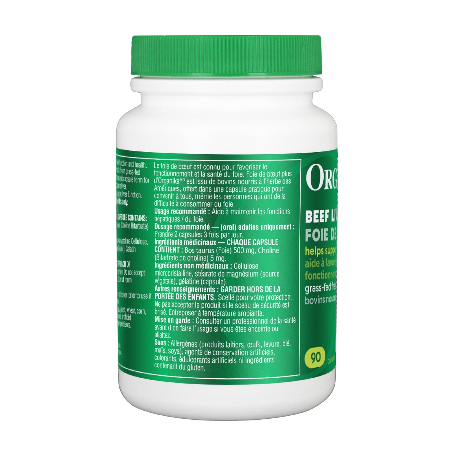 Organika Beef Liver Plus Choline- Sourced from Grass-Fed + Finished Cattle, Pasture Raised, High in Vitamins and Minerals, Supports Liver Function, Energy Levels, and Immunity- 90caps - Available at All In One Marketplace Canada