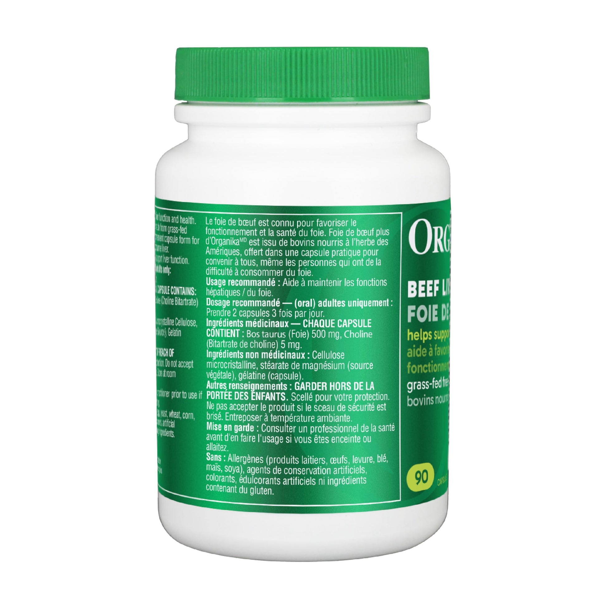 Organika Beef Liver Plus Choline- Sourced from Grass-Fed + Finished Cattle, Pasture Raised, High in Vitamins and Minerals, Supports Liver Function, Energy Levels, and Immunity- 90caps - Available at All In One Marketplace Canada