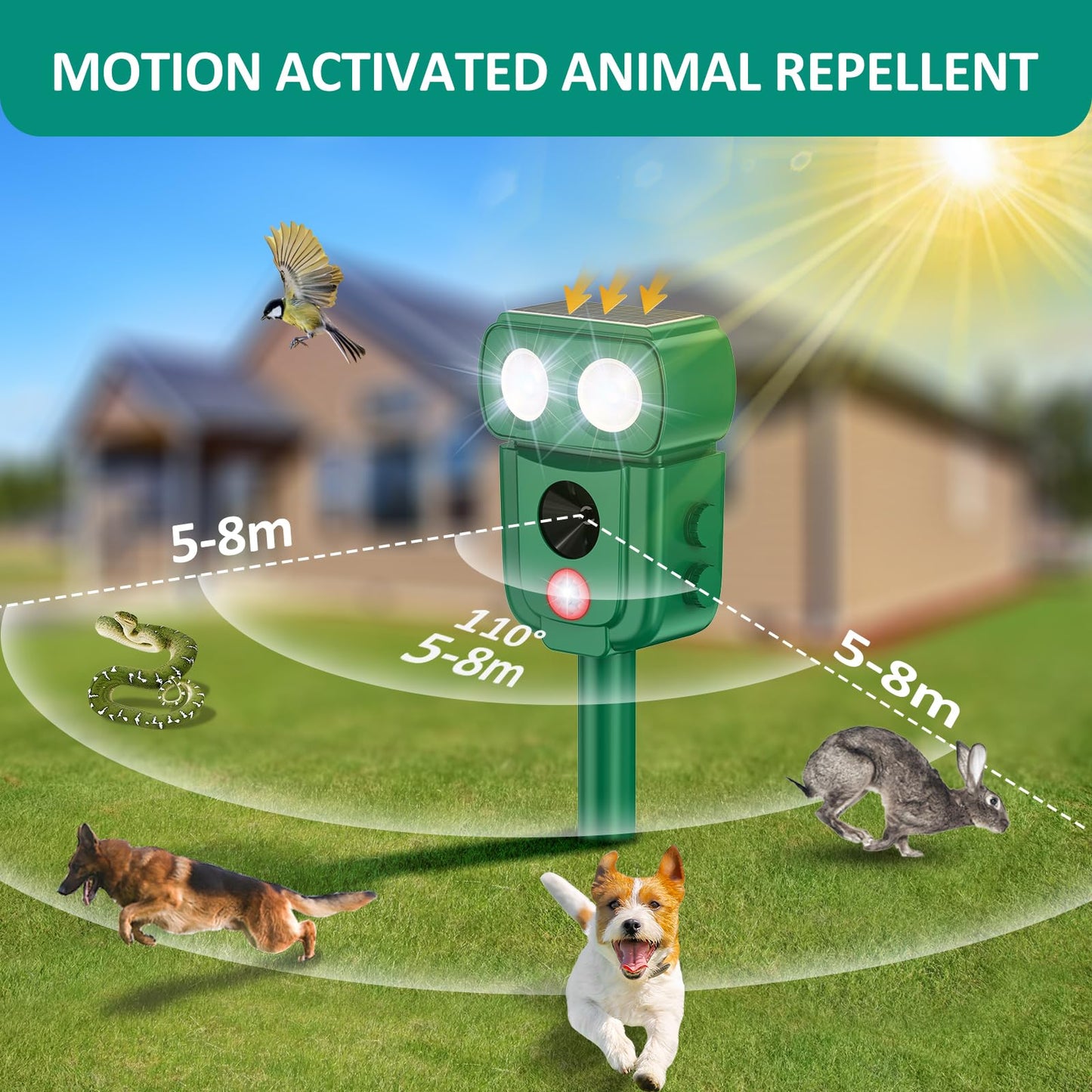 Ultrasonic Animal Repellent Outdoor, Solar Power Cat Raccoon Deer Repeller, Rabbit Snake Control with Motion Sensor and Flash Light, Waterproof Squirrel Skunk Deterrent for Yard Farm Garden