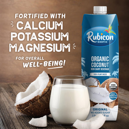 Rubicon Organic Coconut Plant-Based Milk | 1L Cartons | Calcium-Fortified | No Added Sugar | Vegan & Vegetarian | Pack of 8