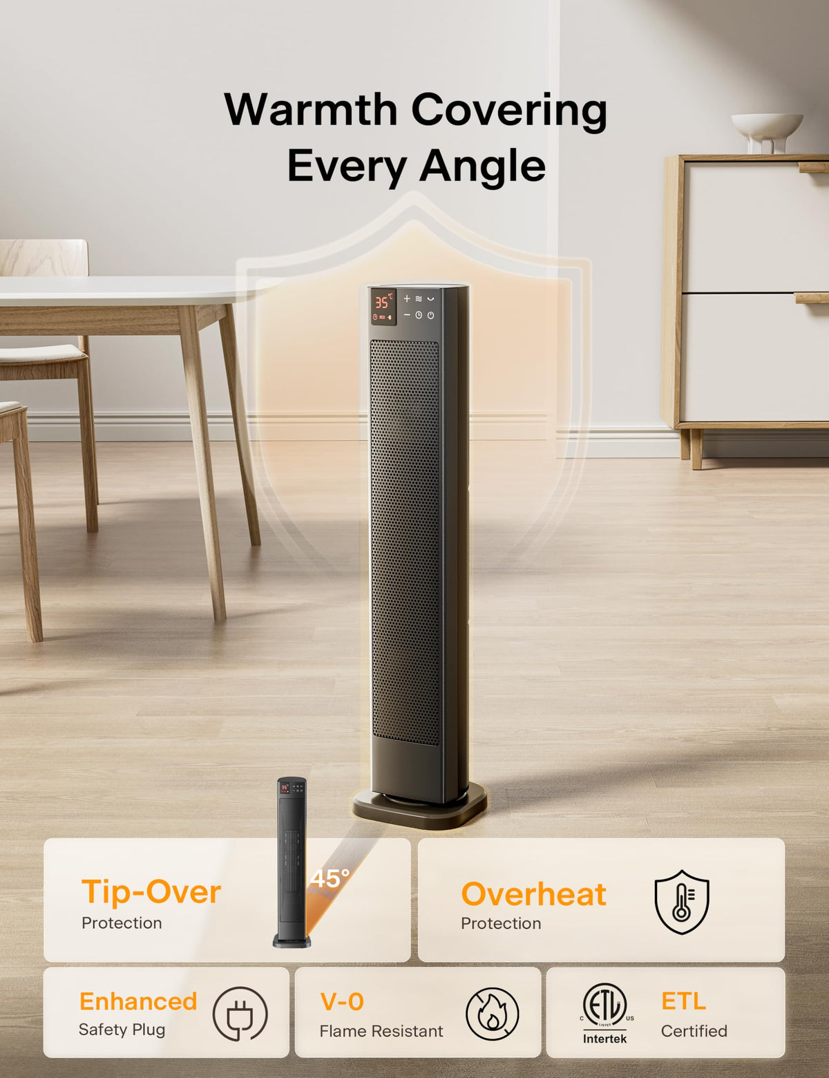 PELONIS 30” Ceramic Tower Space Heater for Bedroom, Electric Room Heater with Adjustable Thermostat, 75° Oscillation, Remote Control & 12H Timer, Tip-Over Switch & Overheating Protection, 1500W, Black